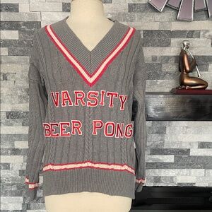AE Studio Gray Knit V- Neck Varsity Beer Pong Sweater Women’s Size S